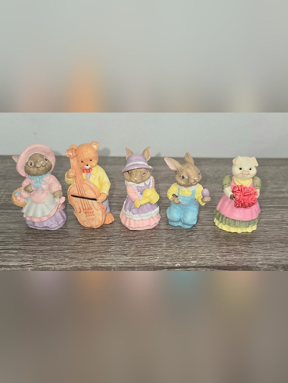 Vintage Set Of 5 Adorable Rabbit, Bear, and J.C. Pig Figurines Spring Decor 2".